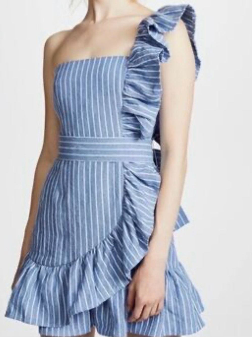 Alexis Women’s Denim Dress White / Blue Stripe Ruffled One Shoulder Size X Small